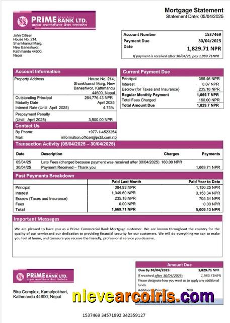 Nepal Prime Commercial Bank mortgage statement Word and PDF template
